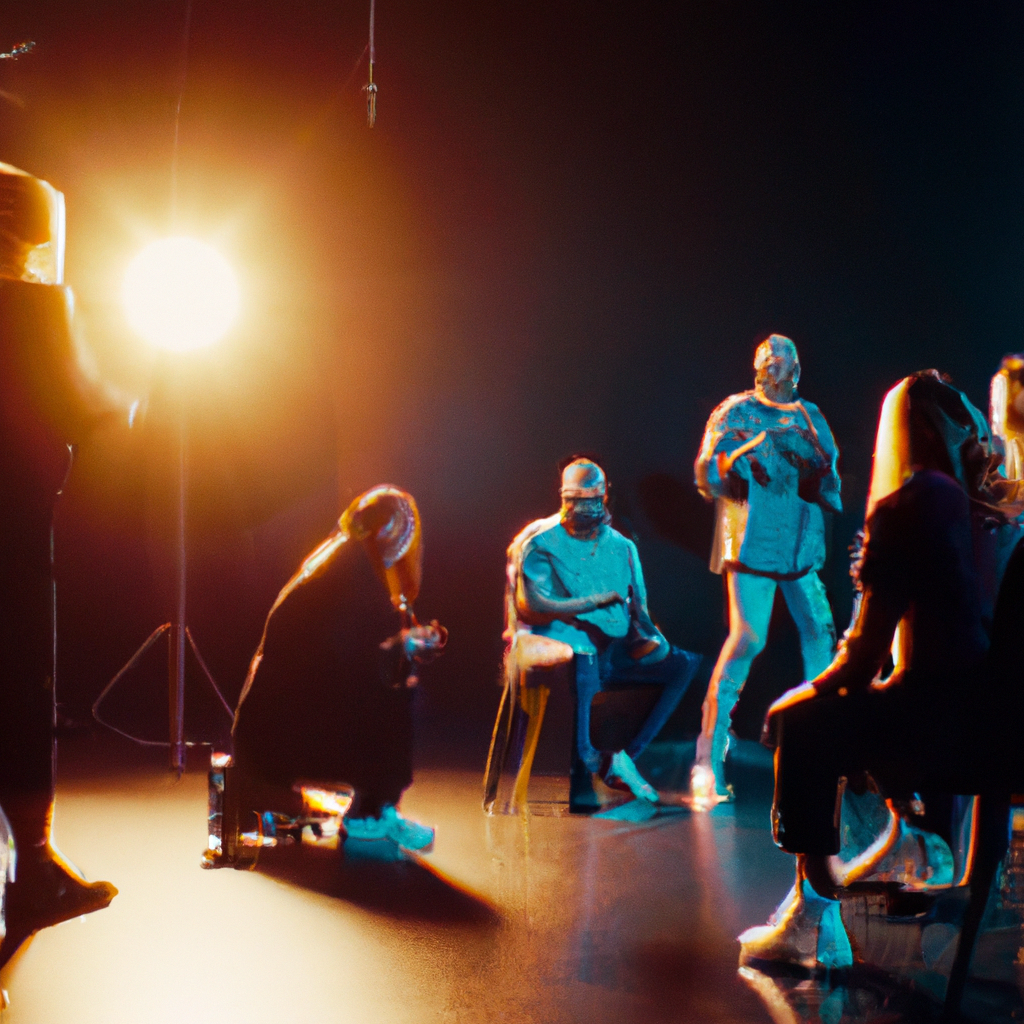 Improv class in a circle, laughing with a coach guiding, warm light