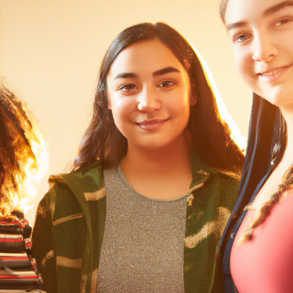Diverse improv students smiling in a sunlit studio, warm tones, high detail