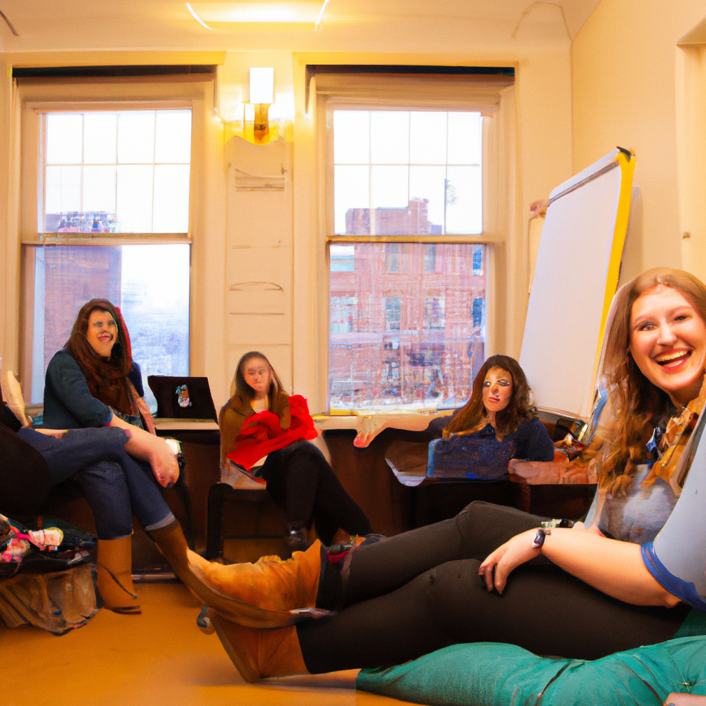 Group of diverse students in a warm cozy classroom learning improv with smiles